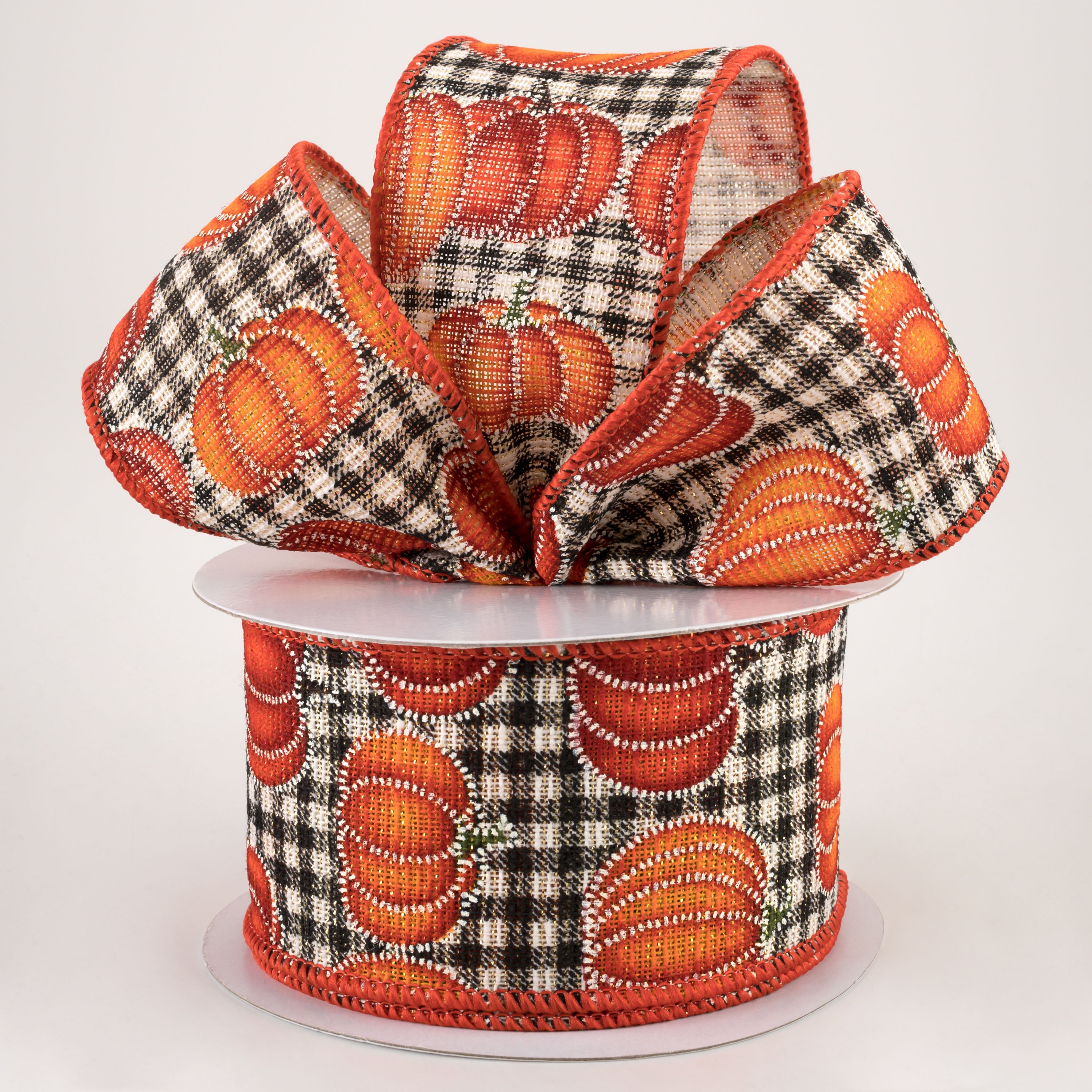 2.5" Stitch Pumpkin On Cotton Gingham Ribbon (10 Yards)