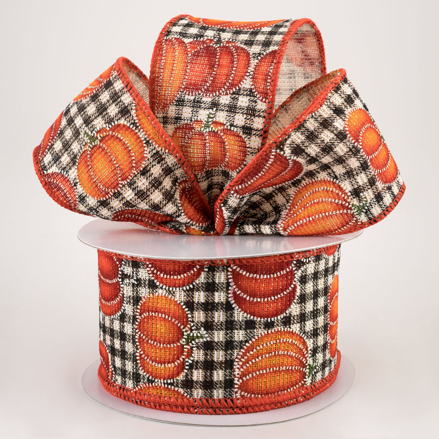 2.5" Stitch Pumpkin On Cotton Gingham Ribbon (10 Yards)