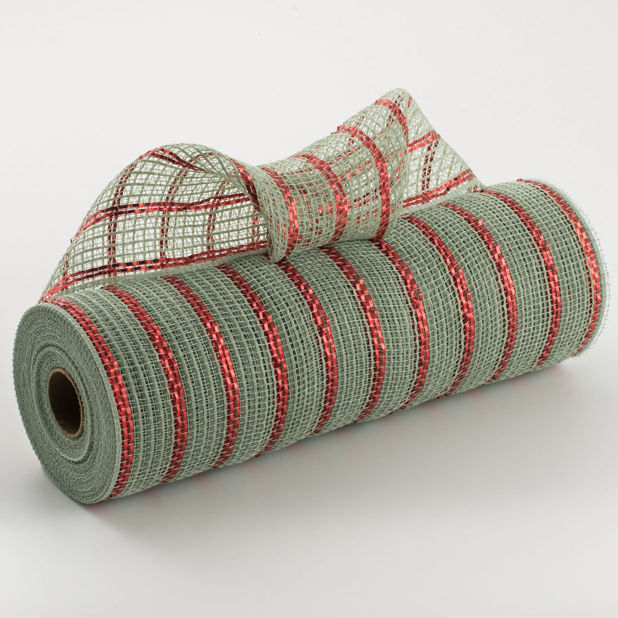 10" Poly Jute Deco Mesh: Sage & Red Laser Metallic Stripe (10 Yards)