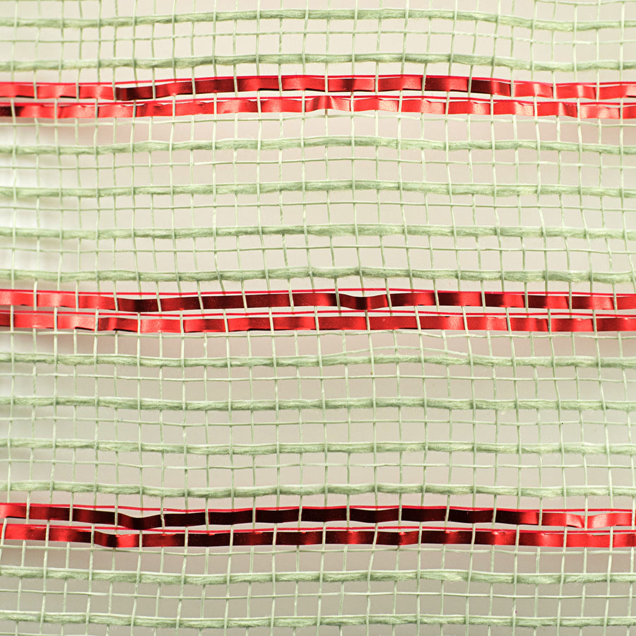 10" Poly Jute Deco Mesh: Sage & Red Laser Metallic Stripe (10 Yards)