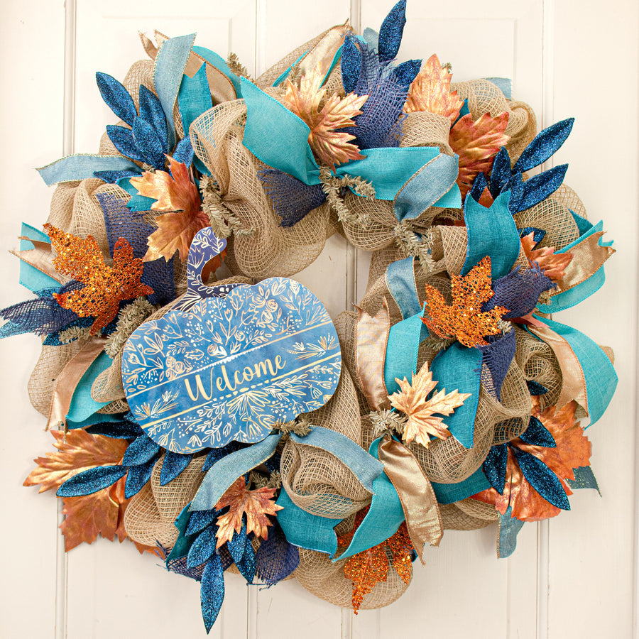 9" Waterproof Sign: Blue Watercolor Welcome Pumpkin
