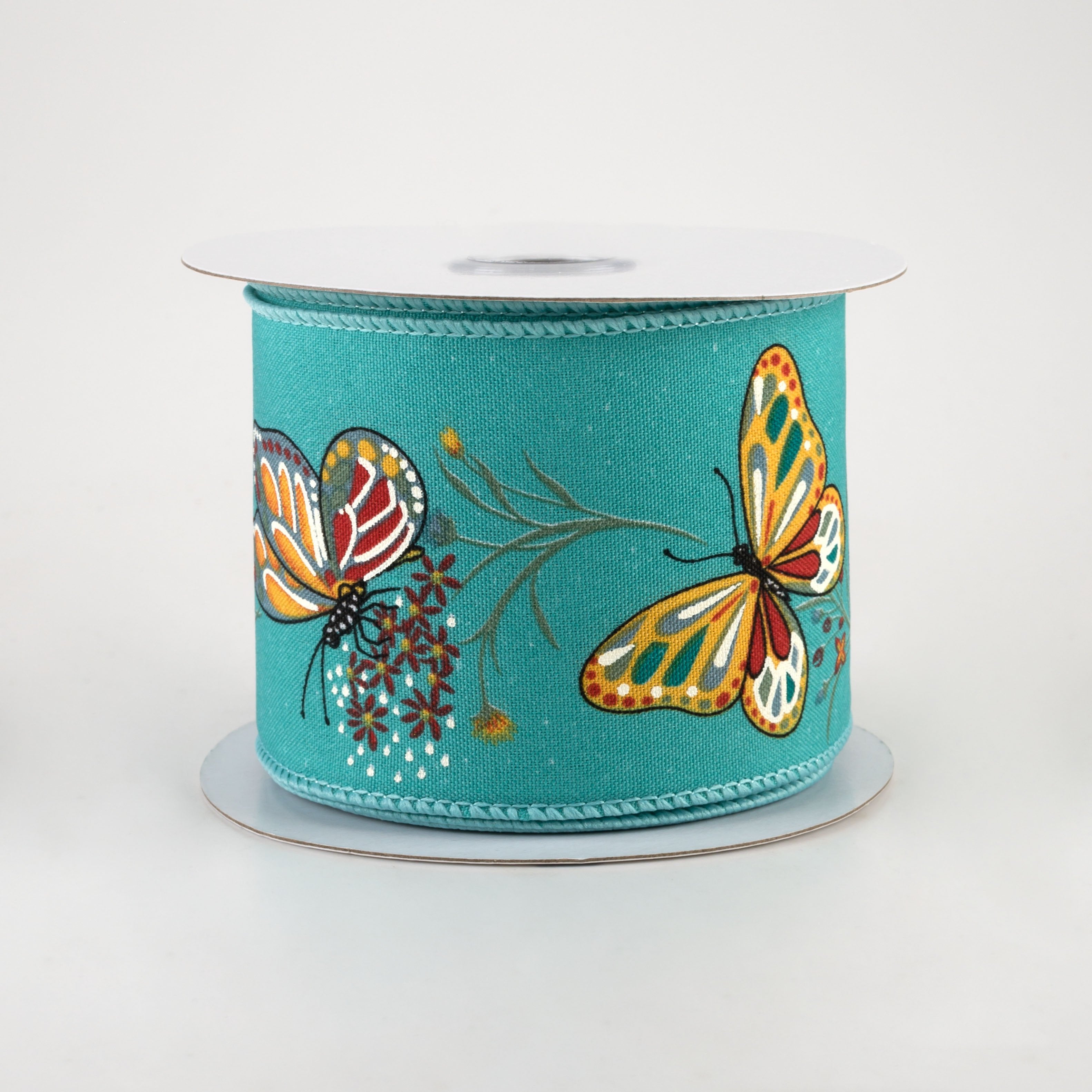 2.5" Butterflies & Flowers Ribbon: Light Teal (10 Yards)