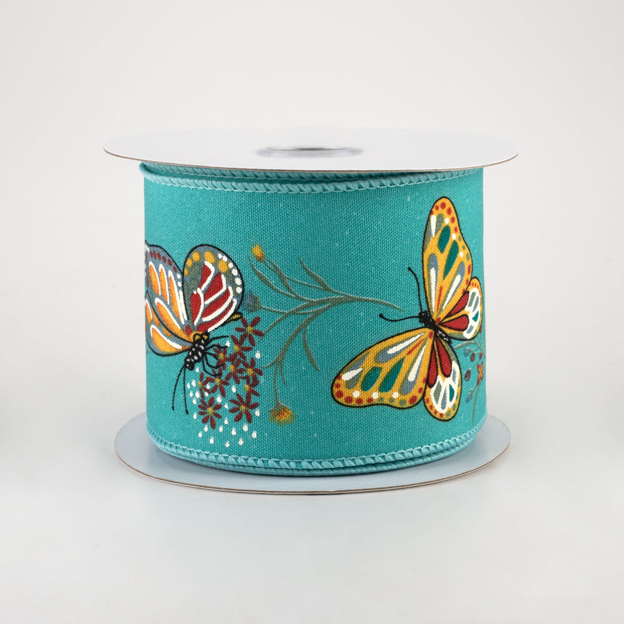 2.5" Butterflies & Flowers Ribbon: Light Teal (10 Yards)