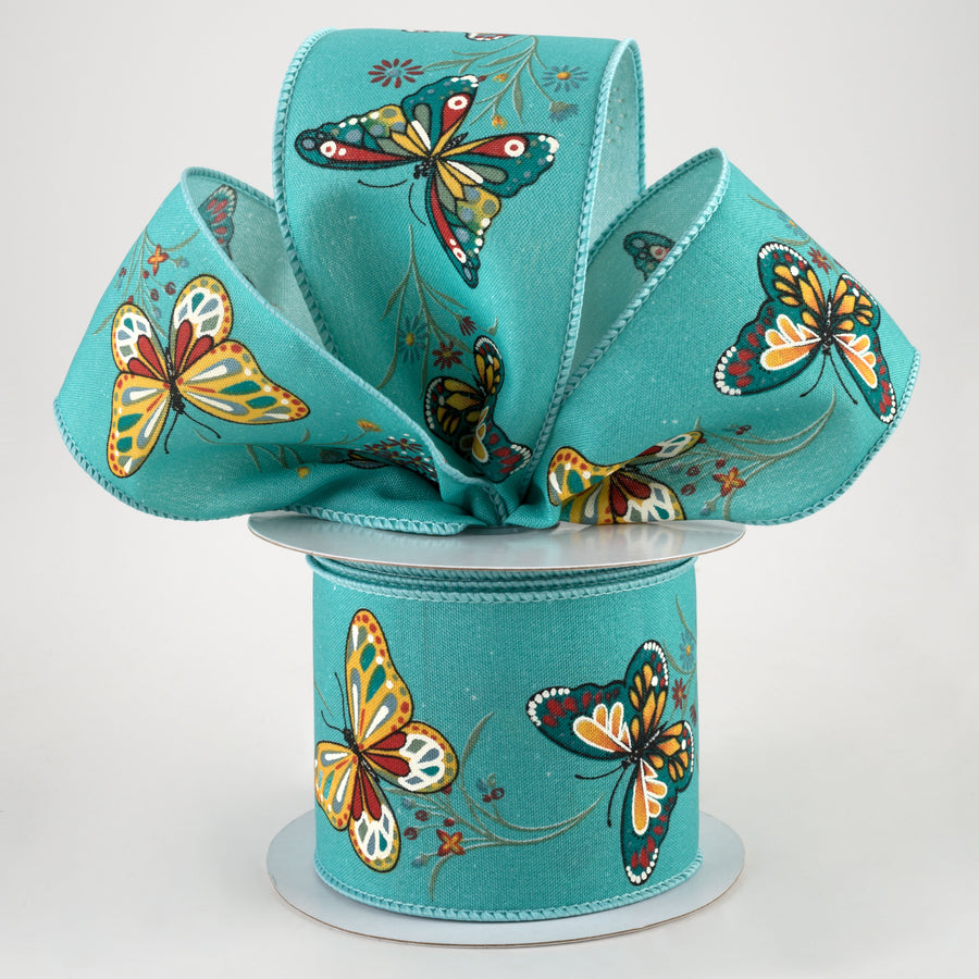 2.5" Butterflies & Flowers Ribbon: Light Teal (10 Yards)