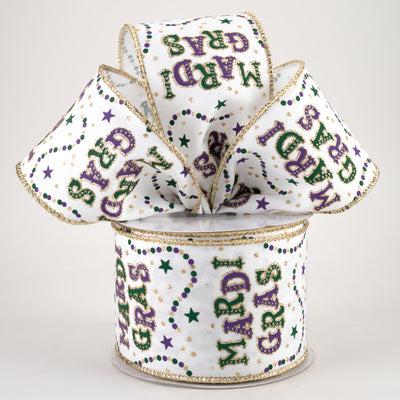 2.5" Mardi Gras With Beads Ribbon: White (10 Yards)