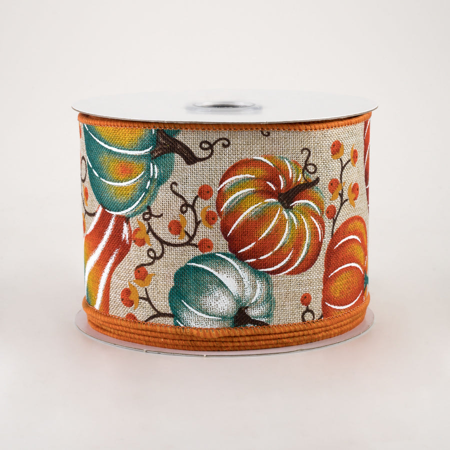 2.5" Pumpkins Bittersweet Ribbon: Light Natural, Orange, Teal (10 Yards)