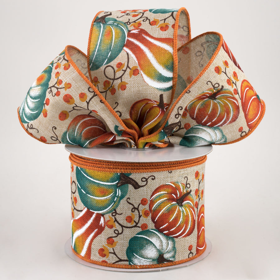 2.5" Pumpkins Bittersweet Ribbon: Light Natural, Orange, Teal (10 Yards)
