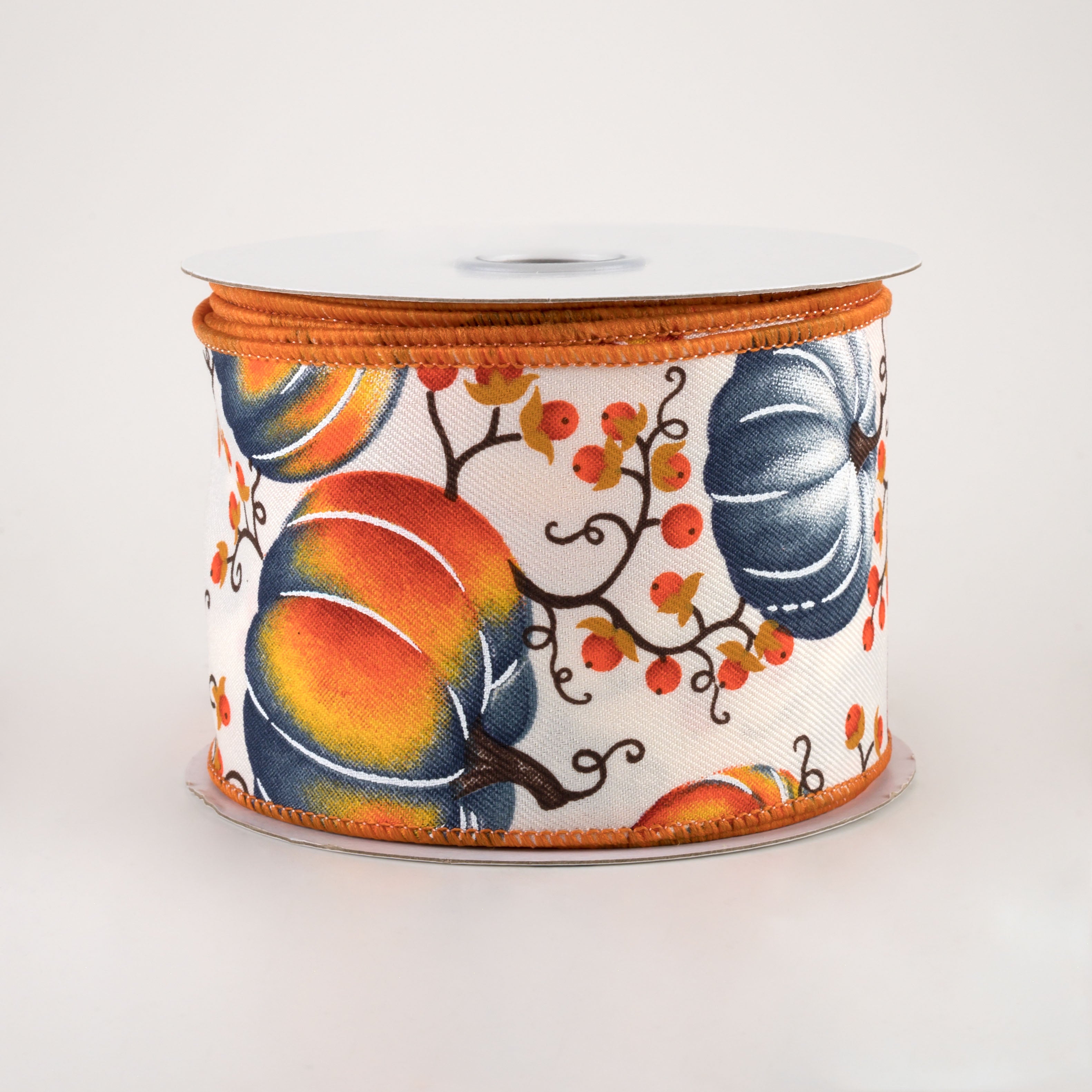2.5" Pumpkins Bittersweet Ribbon: Ivory, Orange, Smoke Blue (10 Yards)