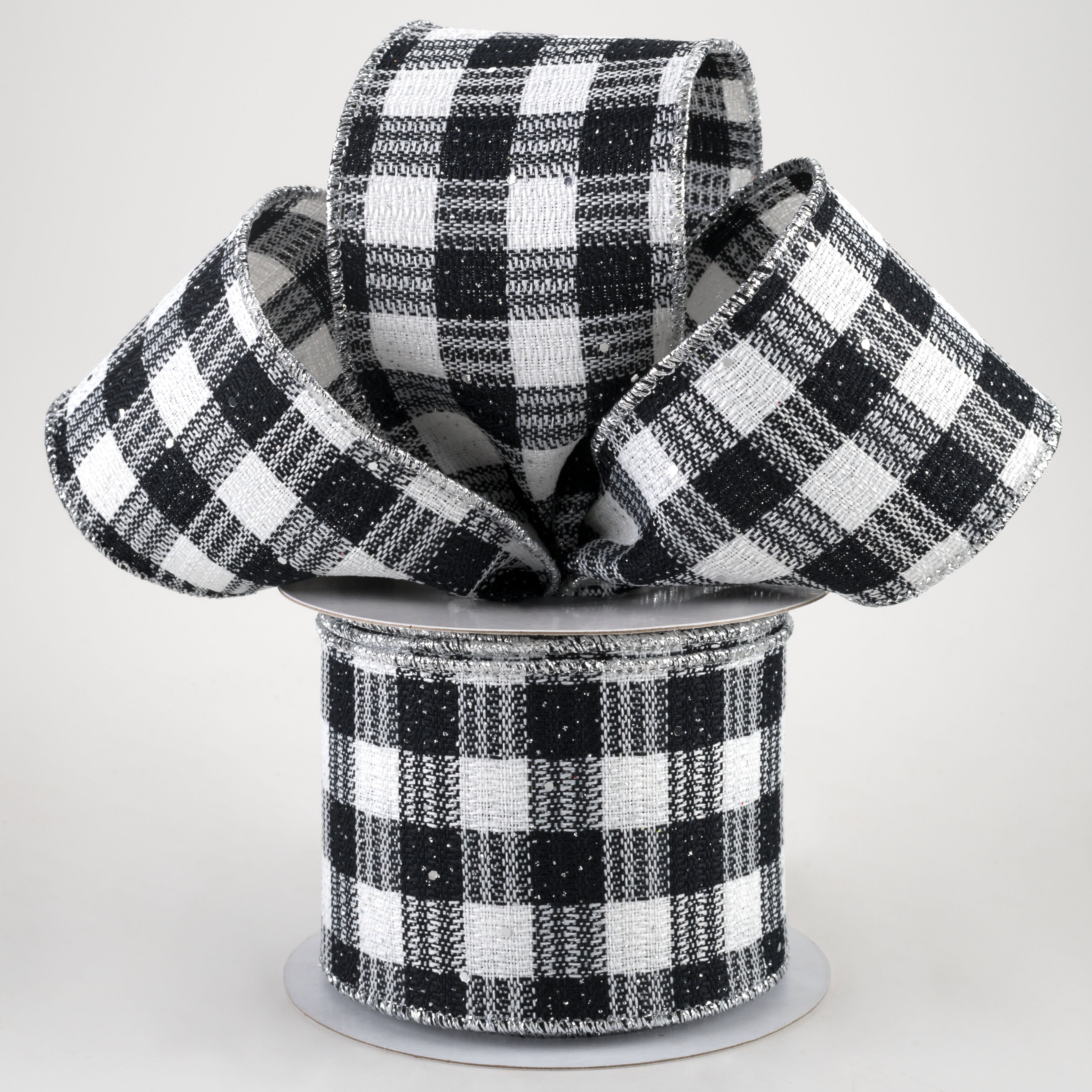 2.5" Gingham Check Hex Glitter Ribbon: Black, White, Silver (10 Yards)