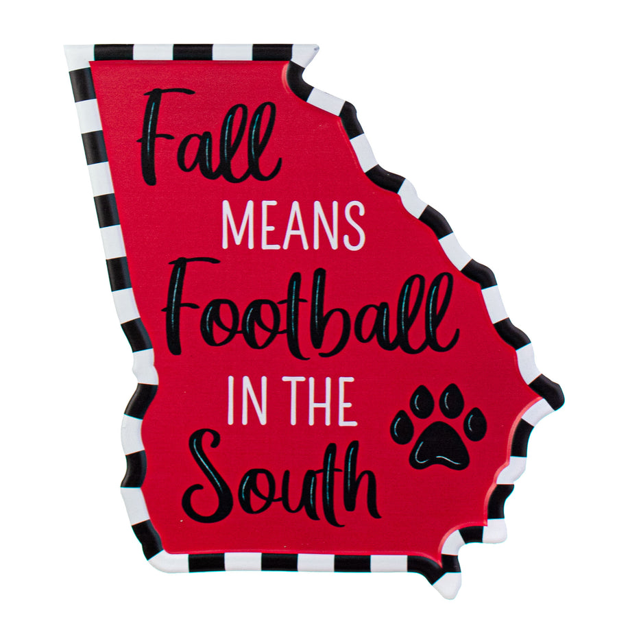 11" Metal Embossed Hanger: Fall Means Football Georgia Shape