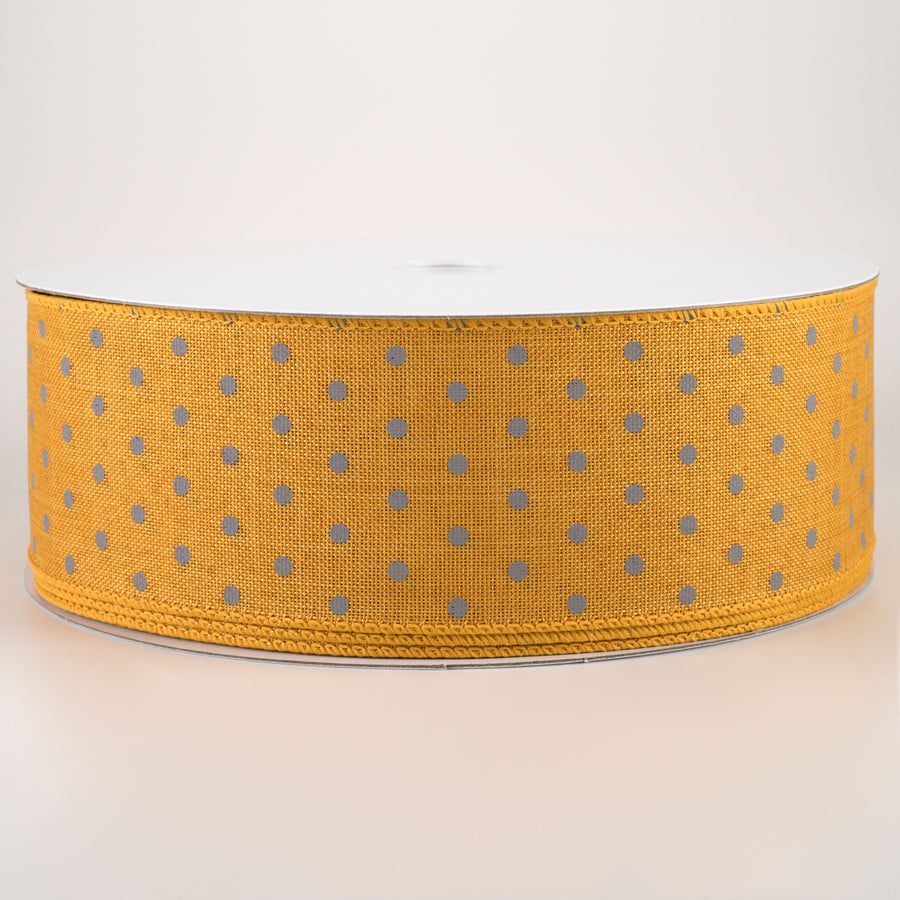 2.5" Tiny Dots Linen Ribbon: Grey on Sunflower (50 Yards)