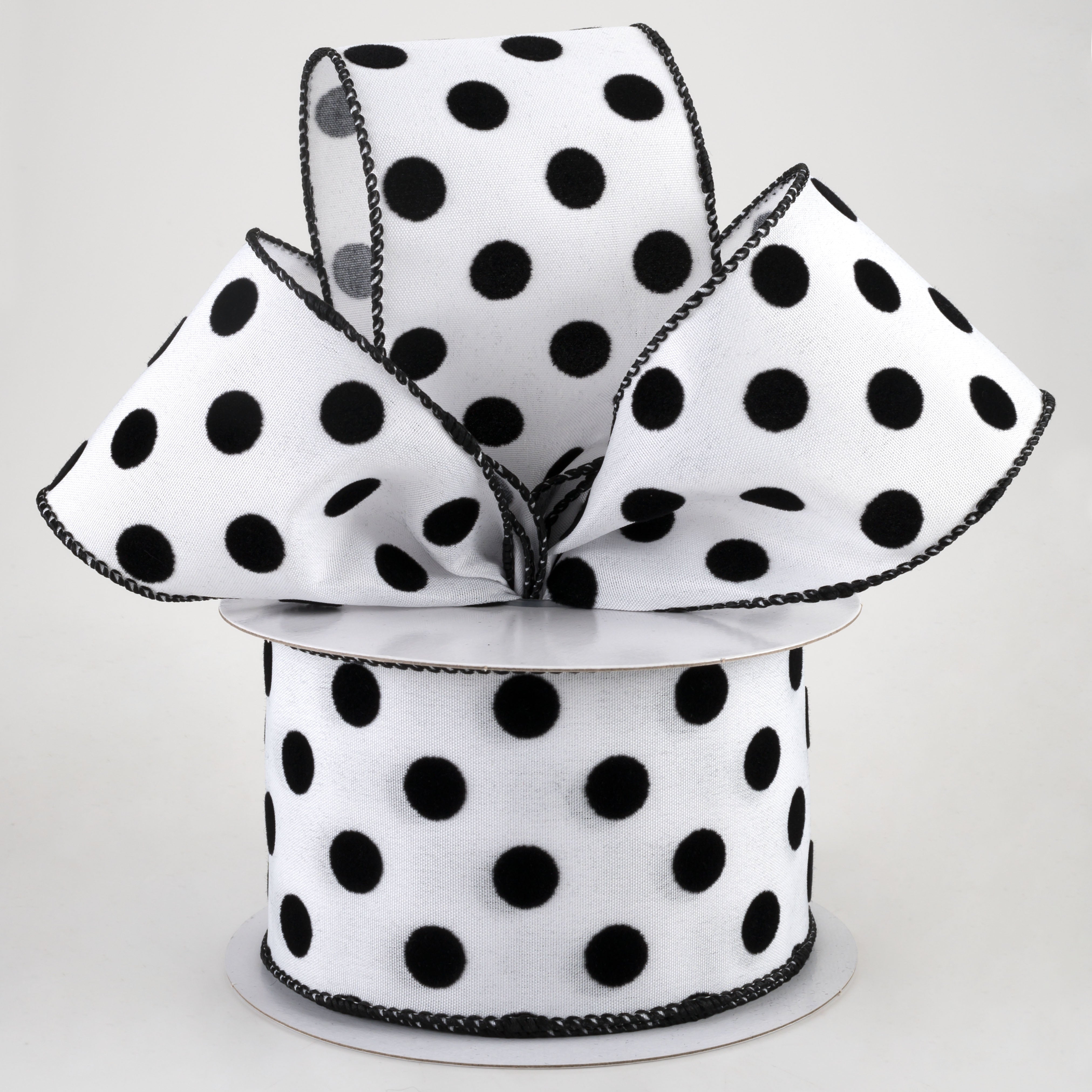 2.5" Flocked Dots Ribbon: White & Black (10 Yards)