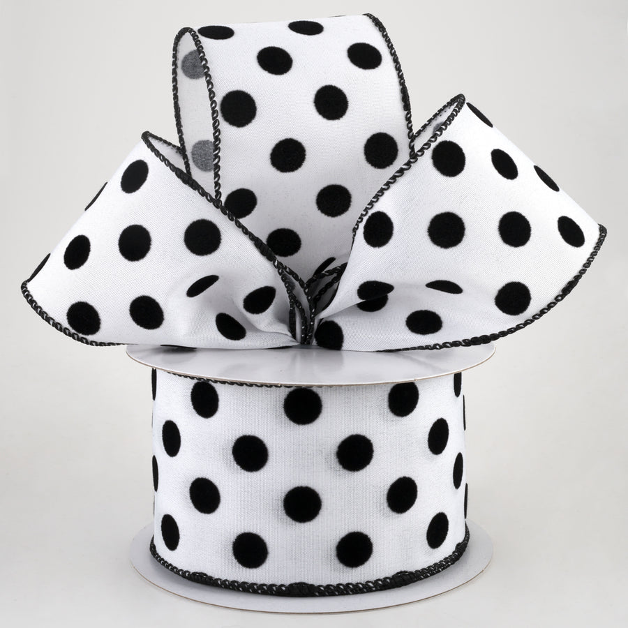 2.5" Flocked Dots Ribbon: White & Black (10 Yards)