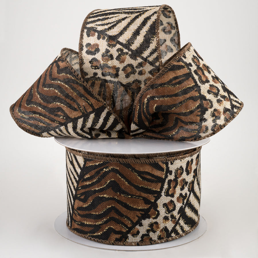 2.5" Animal Print Mania Ribbon: Natural, Brown, Gold (10 Yards)