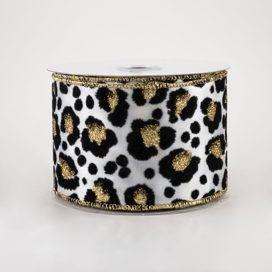2.5" Flocked Cheetah Satin Ribbon: White, Black, Gold (10 Yards)