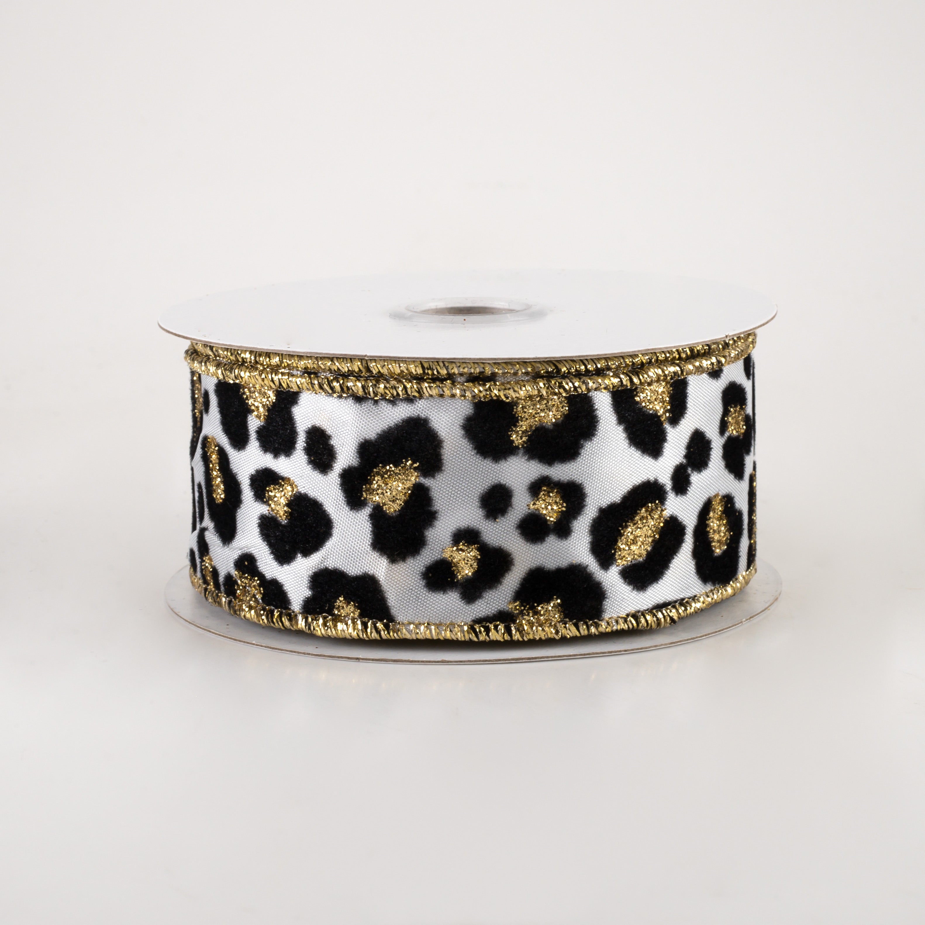 1.5" Flocked Cheetah Satin Ribbon: White, Black, Gold (10 Yards)