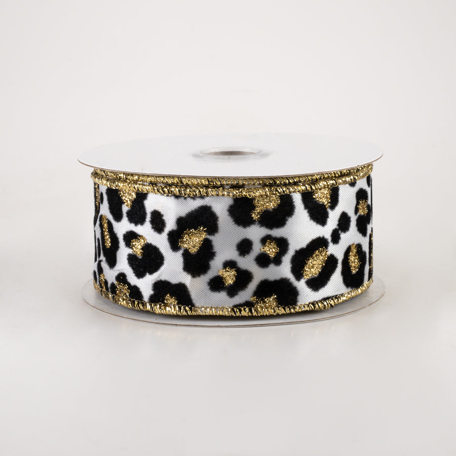 1.5" Flocked Cheetah Satin Ribbon: White, Black, Gold (10 Yards)