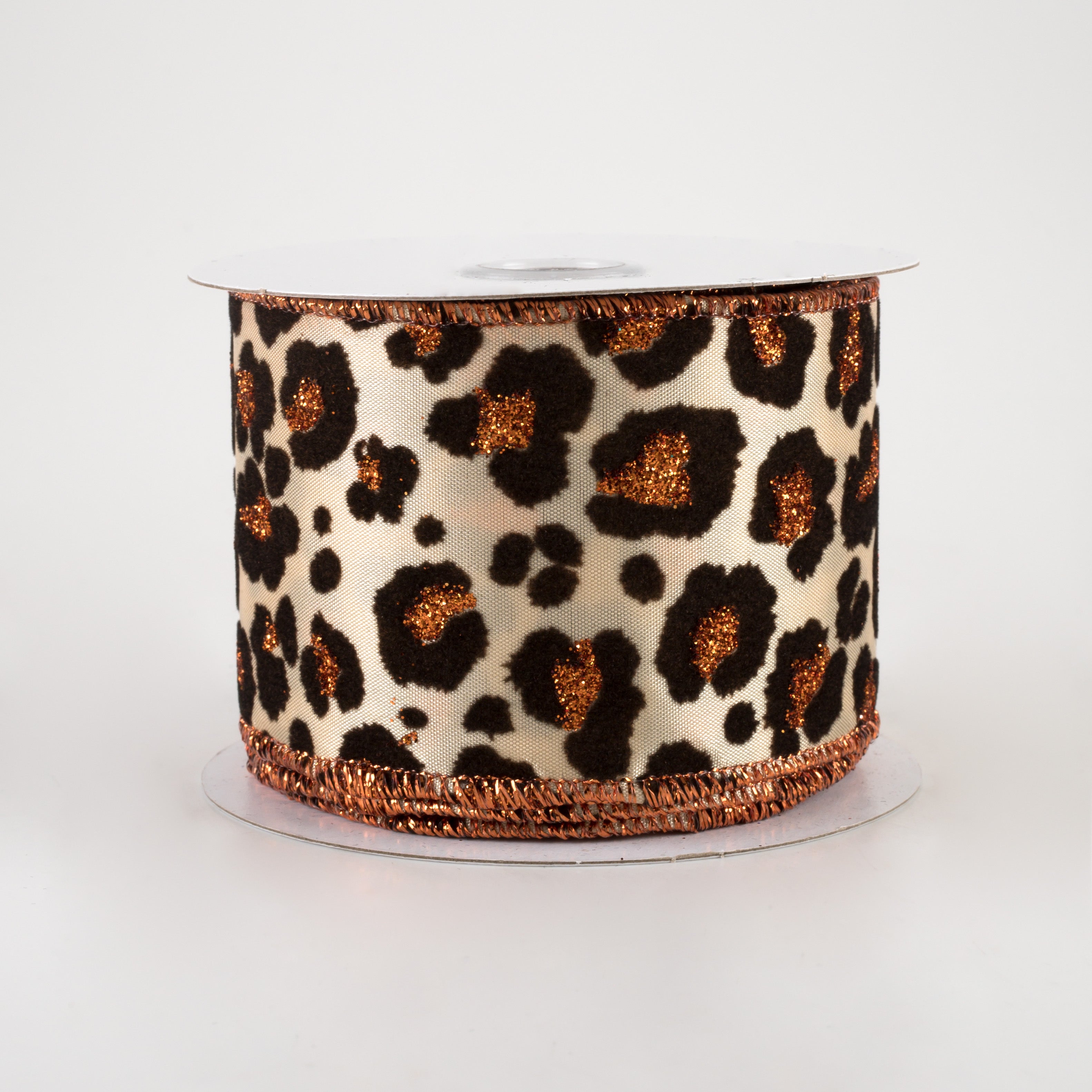 2.5" Flocked Cheetah Satin Ribbon: Light Gold, Brown, Rust (10 Yards)