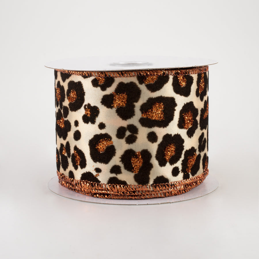 2.5" Flocked Cheetah Satin Ribbon: Light Gold, Brown, Rust (10 Yards)