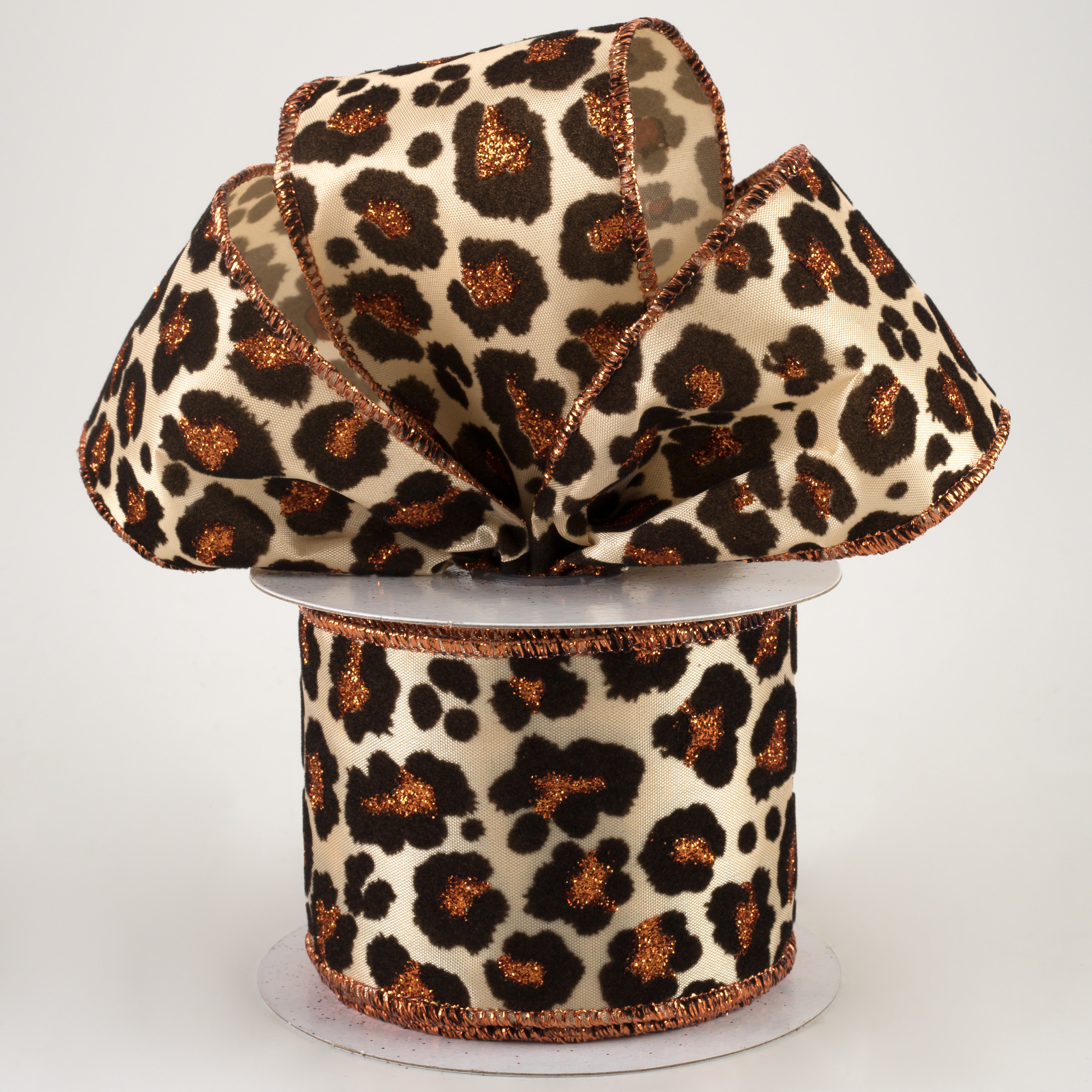 2.5" Flocked Cheetah Satin Ribbon: Light Gold, Brown, Rust (10 Yards)