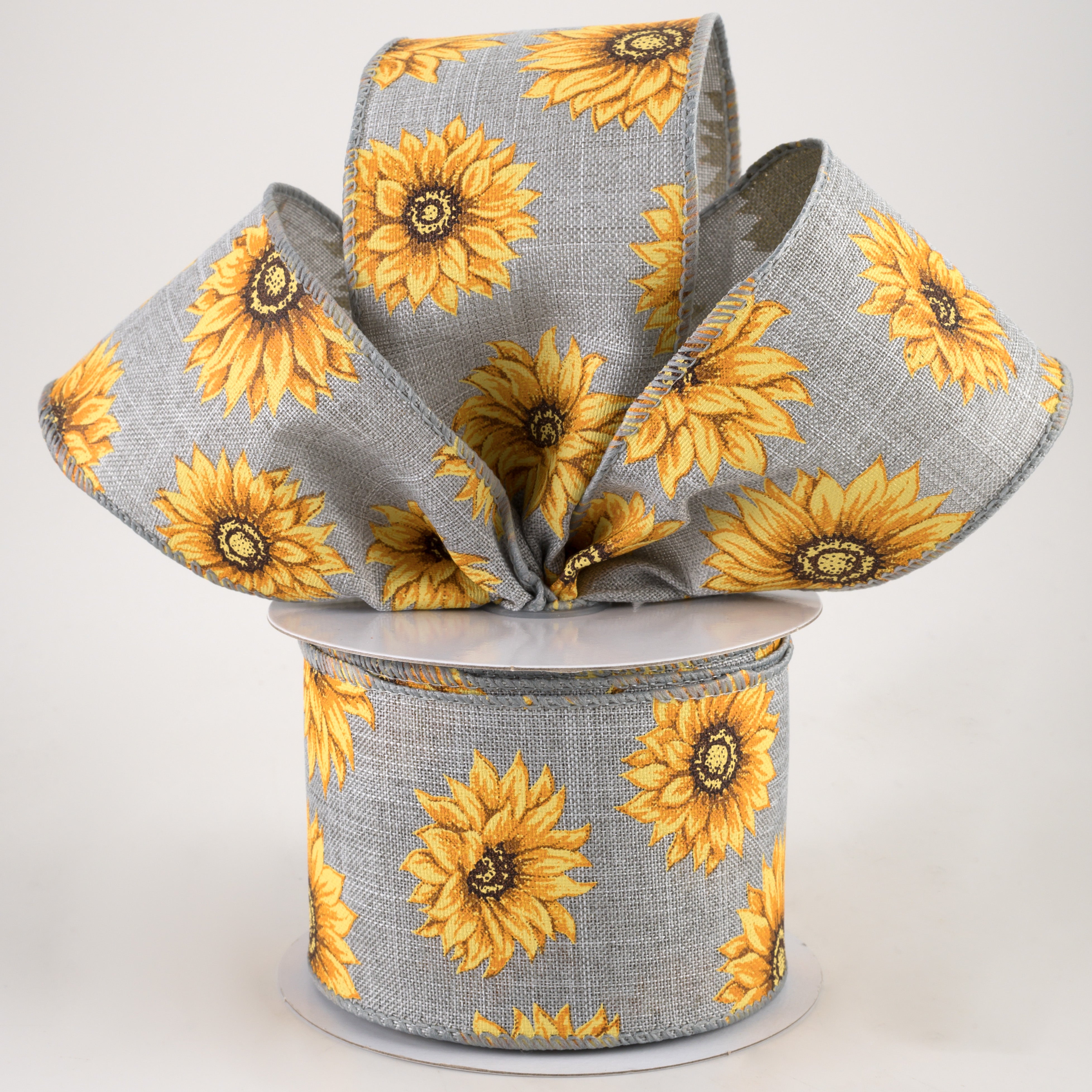 2.5" Linen Sunflowers Ribbon: Grey (10 Yards)