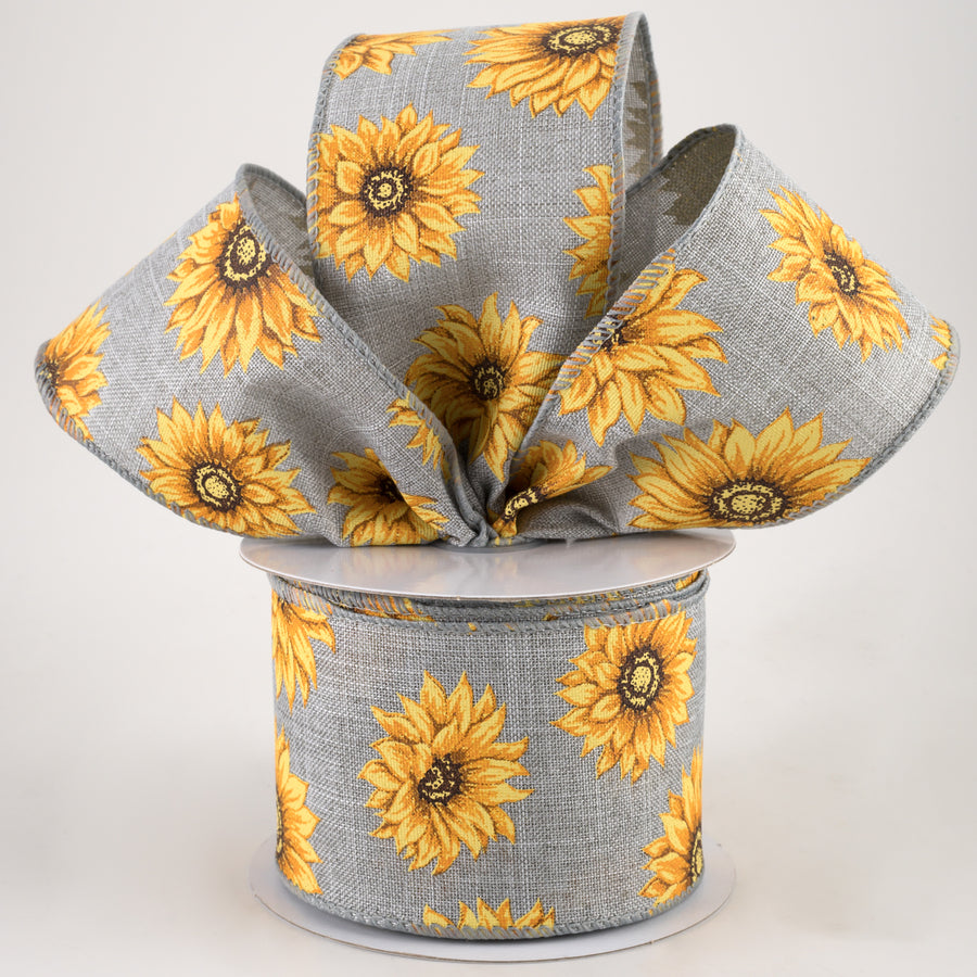 2.5" Linen Sunflowers Ribbon: Grey (10 Yards)