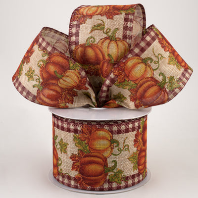 2.5" Gingham Edge Pumpkins Ribbon: Burgundy on Natural (10 Yards)