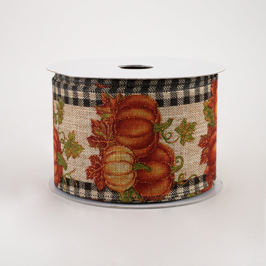 2.5" Gingham Edge Pumpkins Ribbon: Black on Natural (10 Yards)