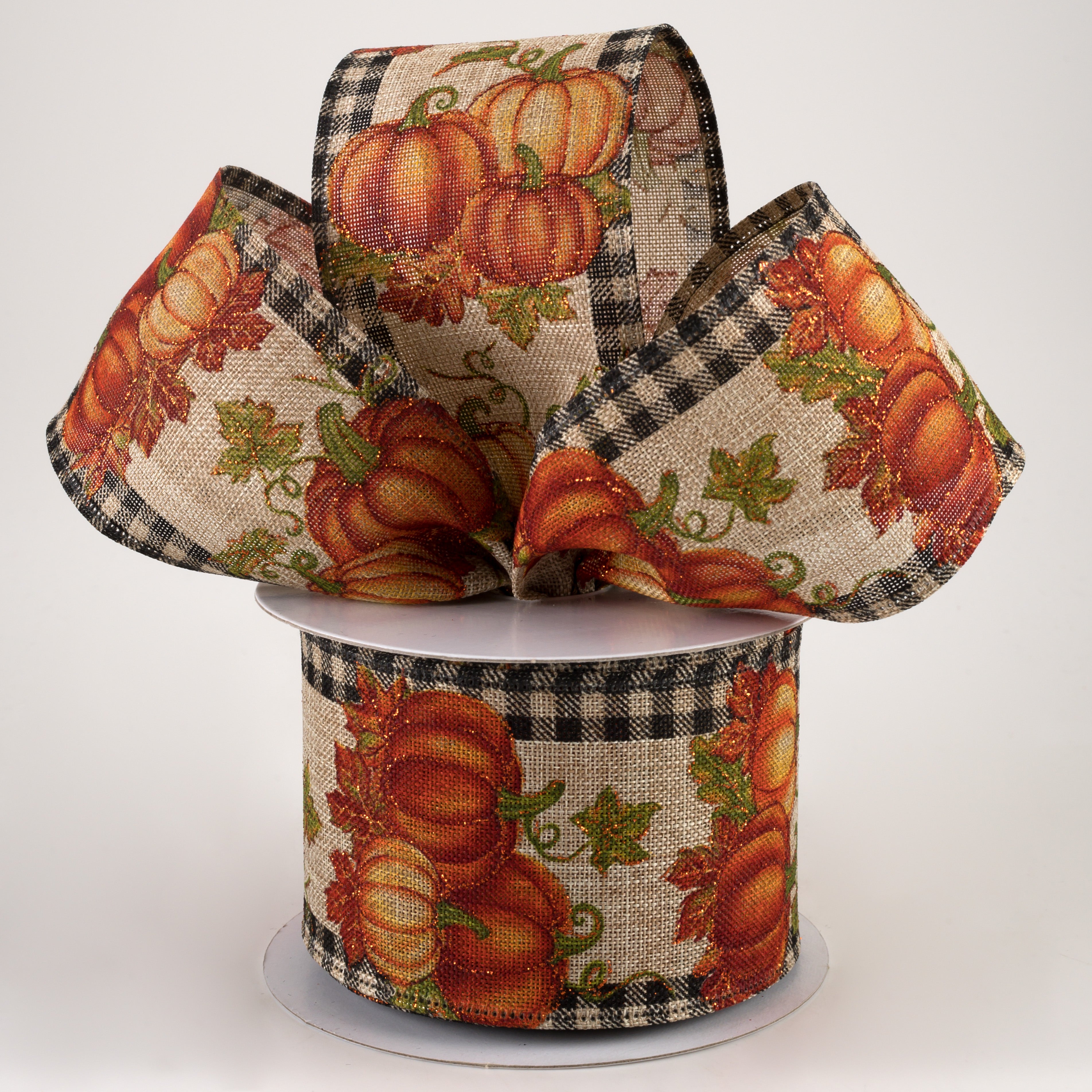 2.5" Gingham Edge Pumpkins Ribbon: Black on Natural (10 Yards)