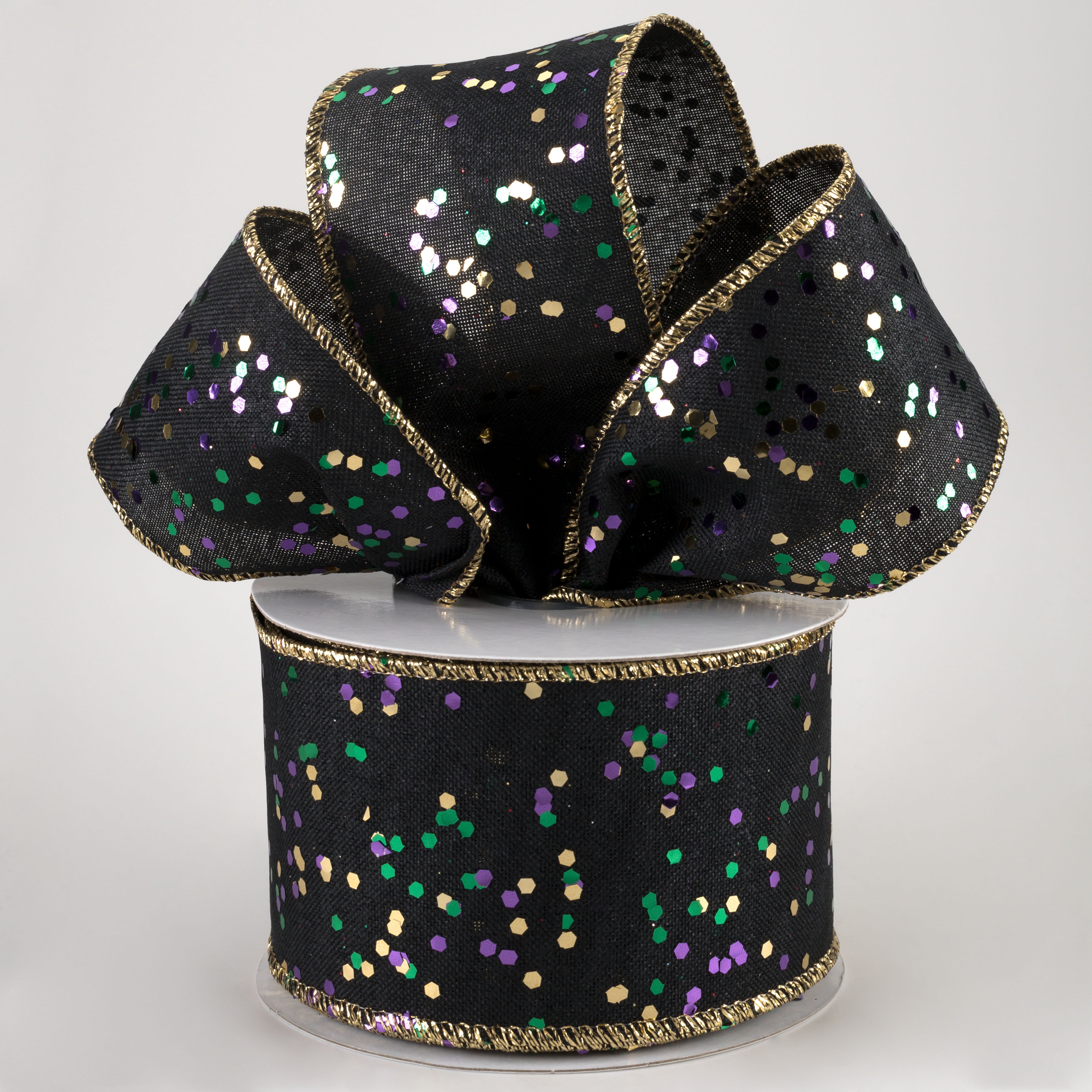 2.5" Sprinkled Hex Glitter Ribbon: Mardi Gras on Black (10 Yards)