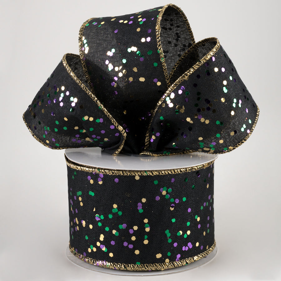 2.5" Sprinkled Hex Glitter Ribbon: Mardi Gras on Black (10 Yards)