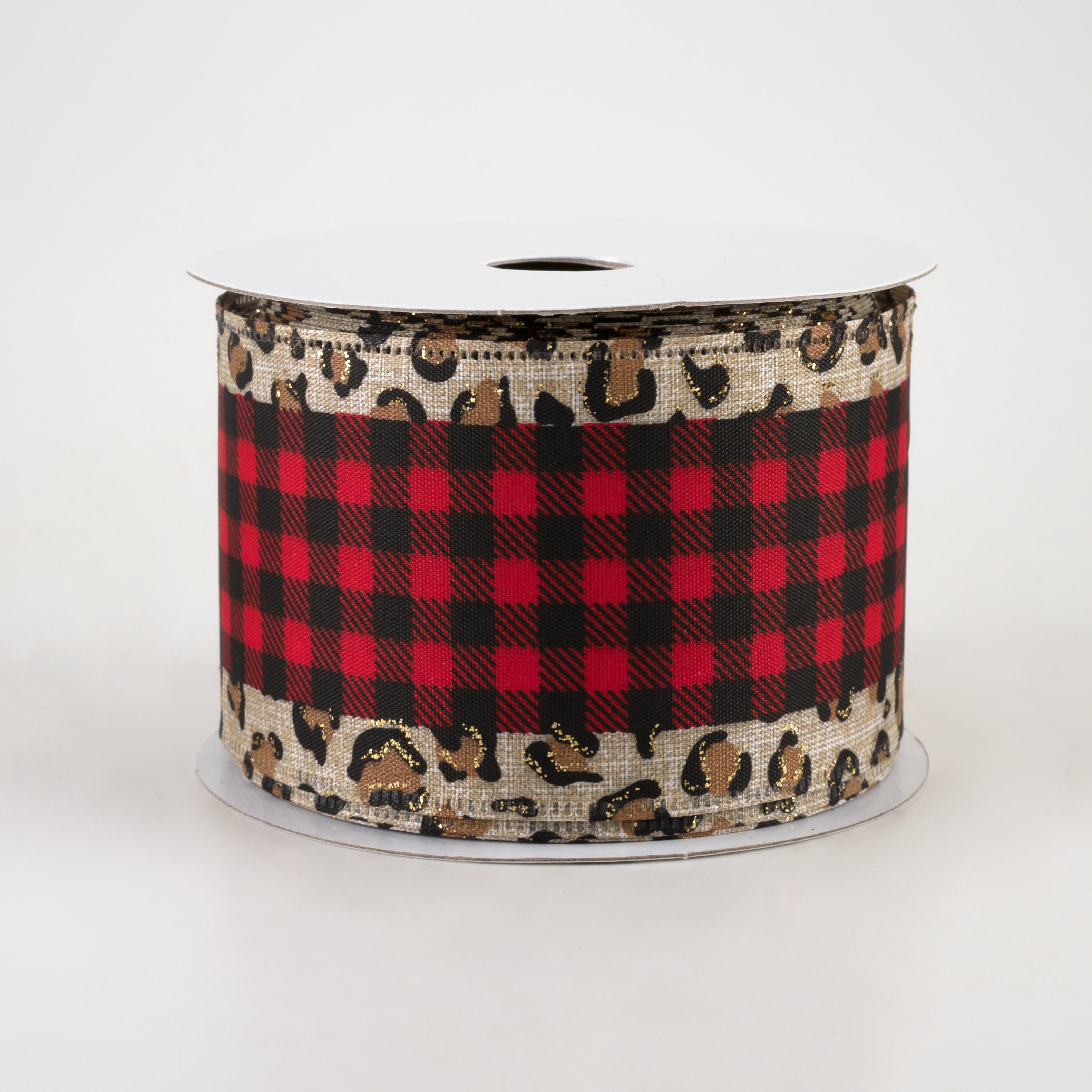 2.5" Leopard Print Edge Ribbon: Black & Red Buffalo Plaid (10 Yards)