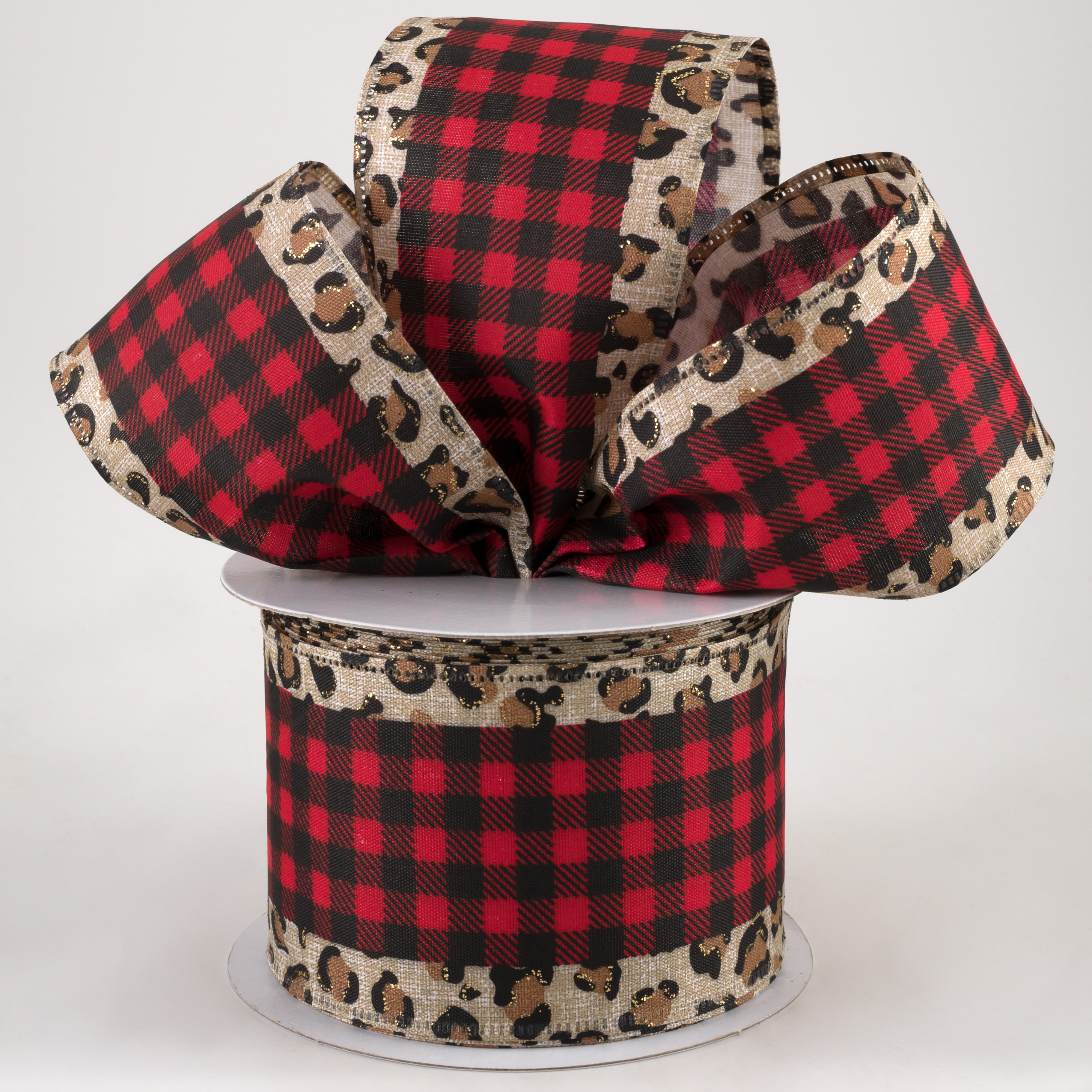 2.5" Leopard Print Edge Ribbon: Black & Red Buffalo Plaid (10 Yards)