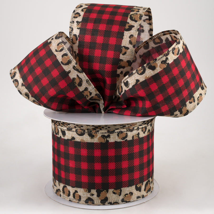 2.5" Leopard Print Edge Ribbon: Black & Red Buffalo Plaid (10 Yards)