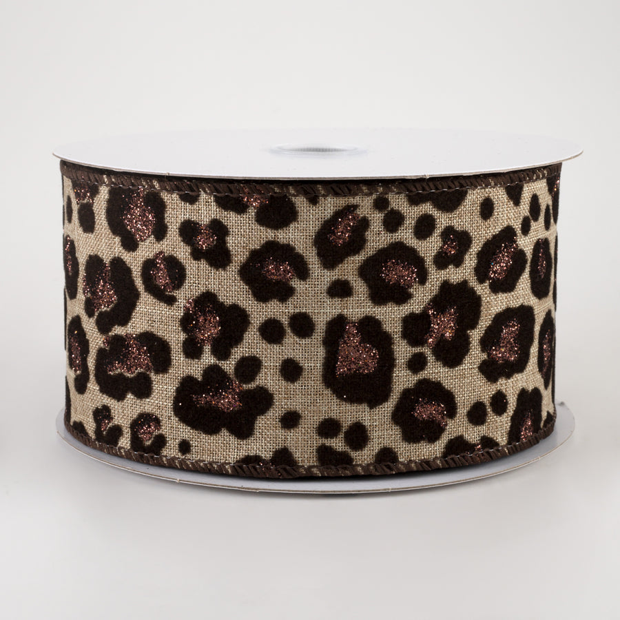 2.5" Flocked & Glittered Leopard Linen Ribbon: Natural (10 Yards)