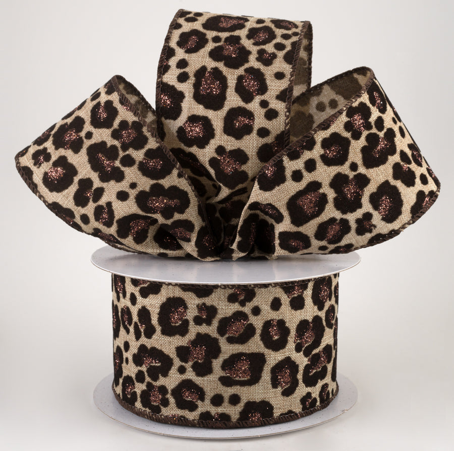 2.5" Flocked & Glittered Leopard Linen Ribbon: Natural (10 Yards)