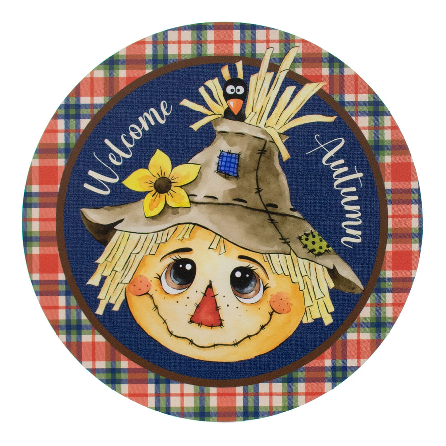 9.4" Round Waterproof Sign: Scarecrow Plaid Autumn