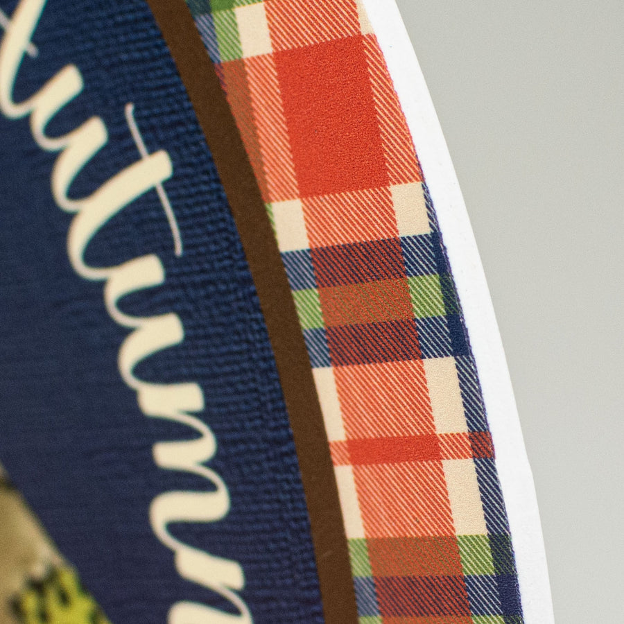 9.4" Round Waterproof Sign: Scarecrow Plaid Autumn
