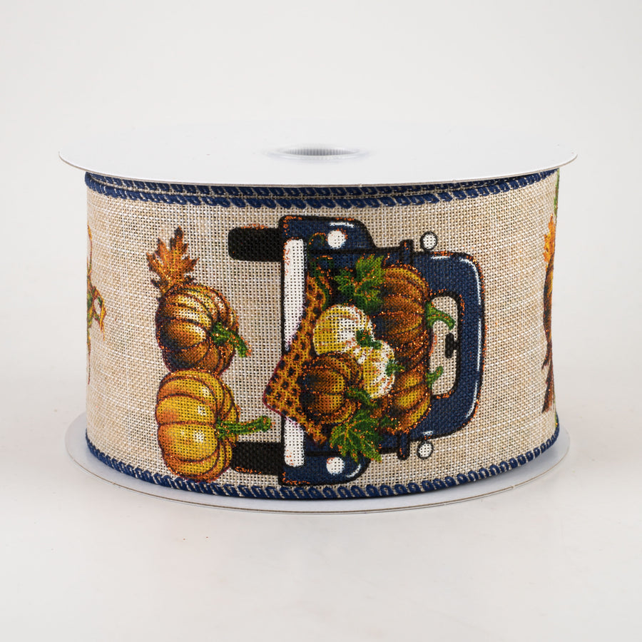 2.5" Blue Pumpkin Truck Bed Linen Ribbon: Natural (10 Yards)