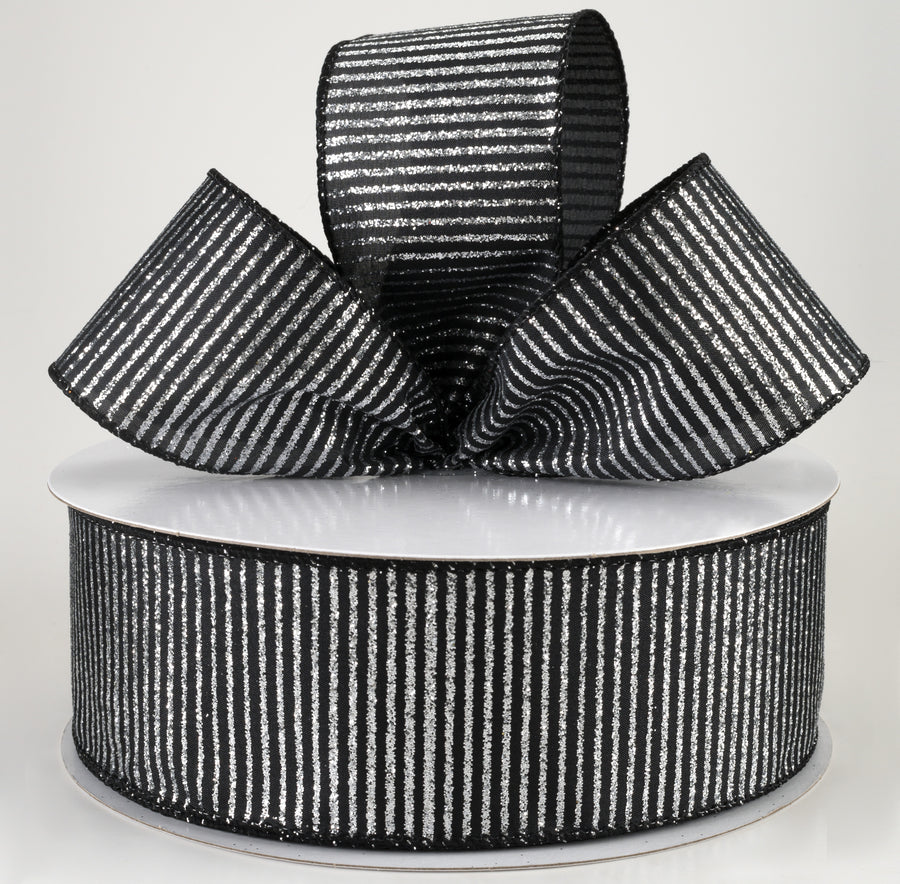 2.5" Satin Horizontal Glitter Stripe Ribbon: Silver on Black (50 Yards)
