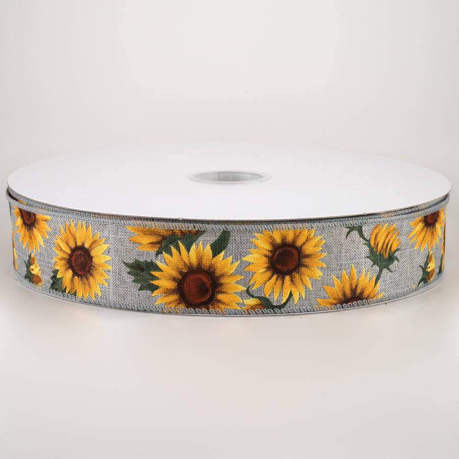 1.5" Linen Sunflowers & Leaves Ribbon: Grey (50 Yards)