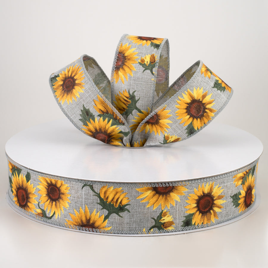 1.5" Linen Sunflowers & Leaves Ribbon: Grey (50 Yards)