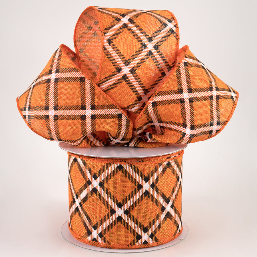 2.5" Linen Asher Plaid Ribbon: Orange, Black & White (10 Yards)