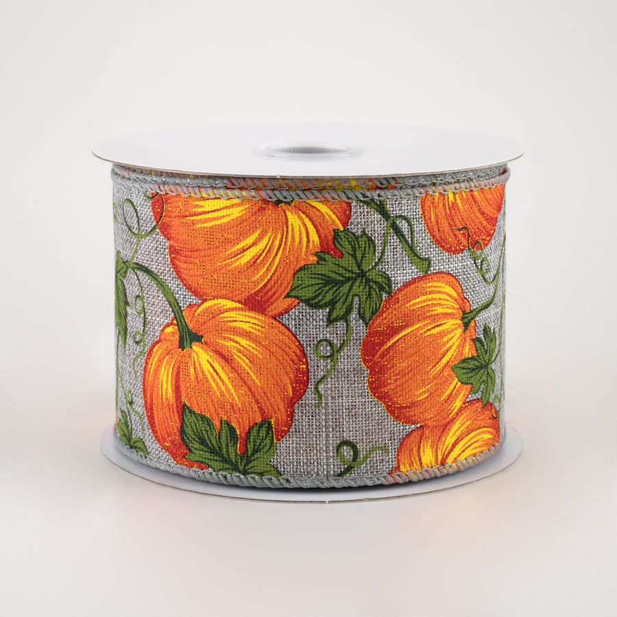 2.5" Pumpkins & Vines Linen Ribbon: Grey & Orange (10 Yards)
