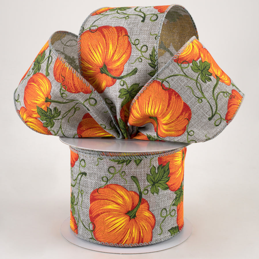 2.5" Pumpkins & Vines Linen Ribbon: Grey & Orange (10 Yards)