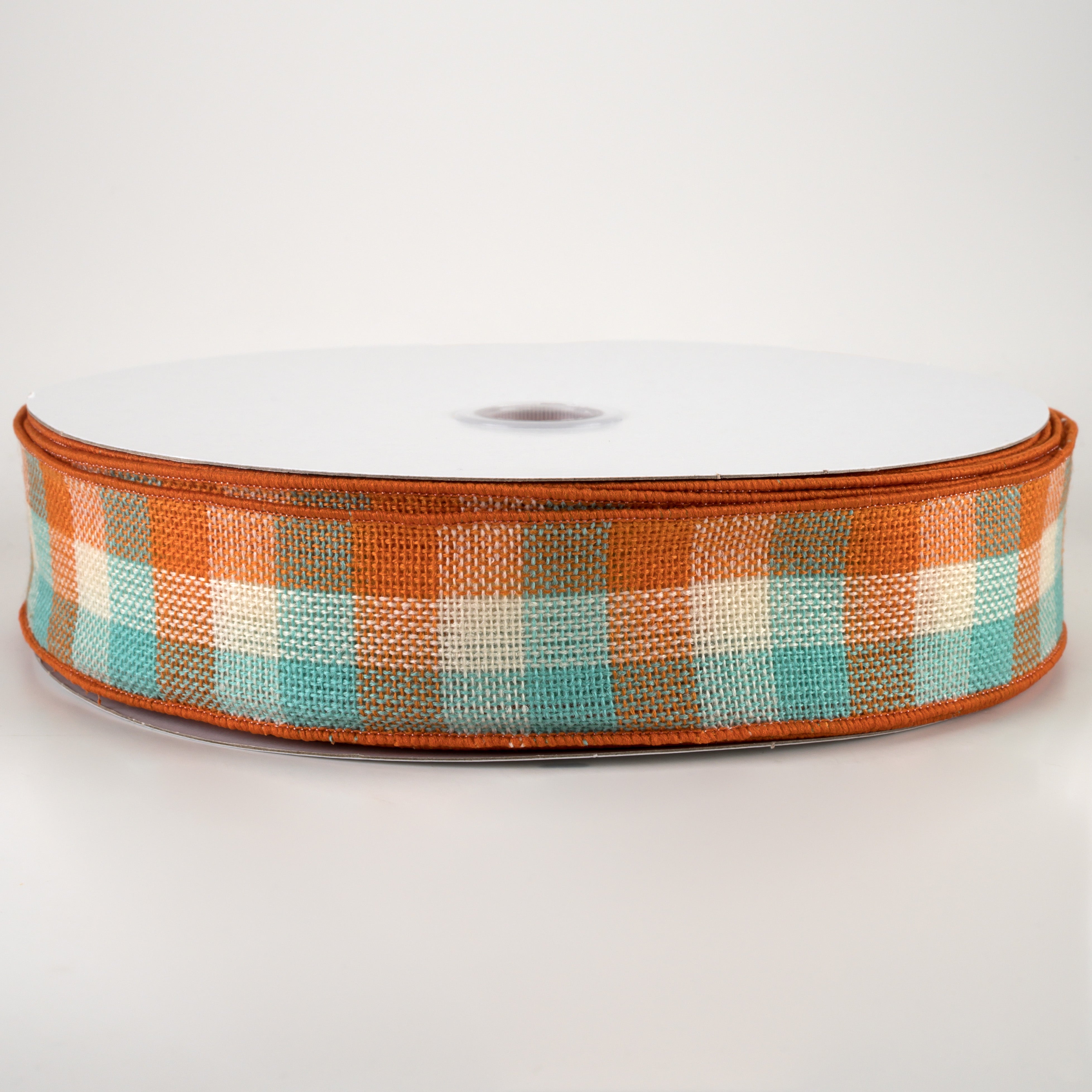 1.5" Woven Flannel Check Ribbon: Teal, Orange, Cream (50 Yards)
