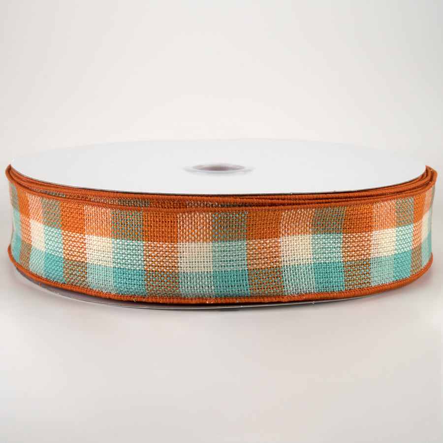 1.5" Woven Flannel Check Ribbon: Teal, Orange, Cream (50 Yards)
