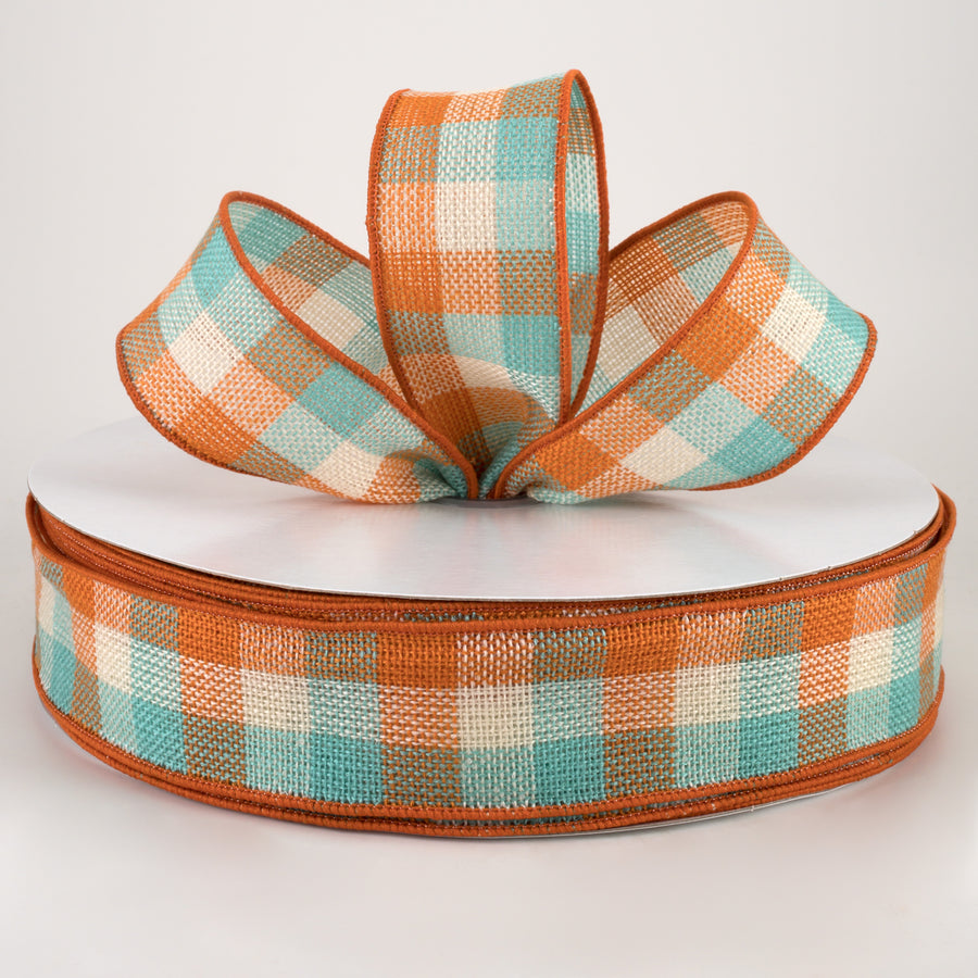 1.5" Woven Flannel Check Ribbon: Teal, Orange, Cream (50 Yards)