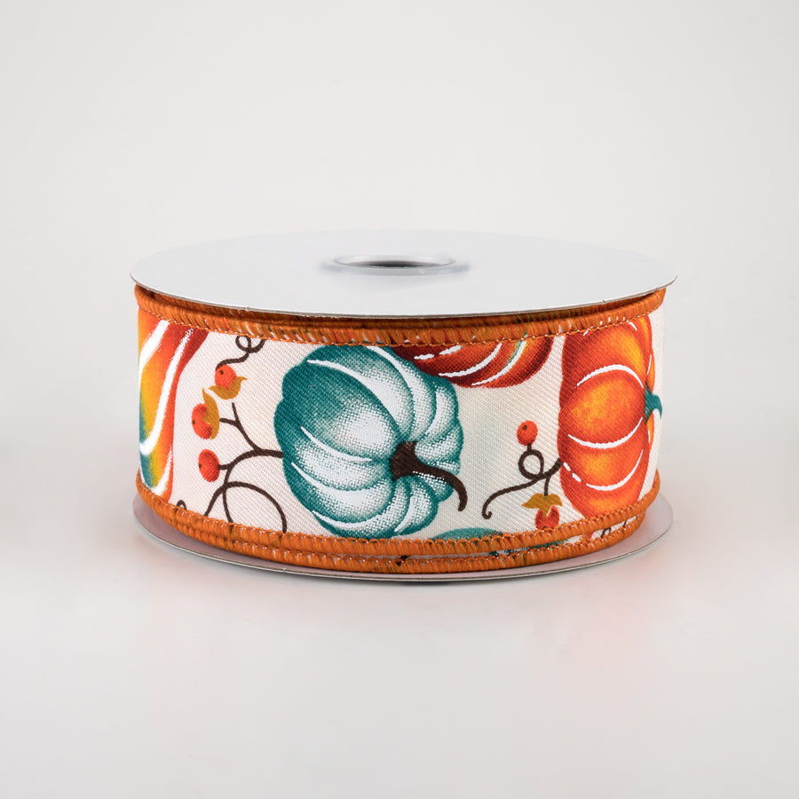 1.5" Pumpkins Bittersweet Ribbon: Ivory, Orange, Teal (10 Yards)