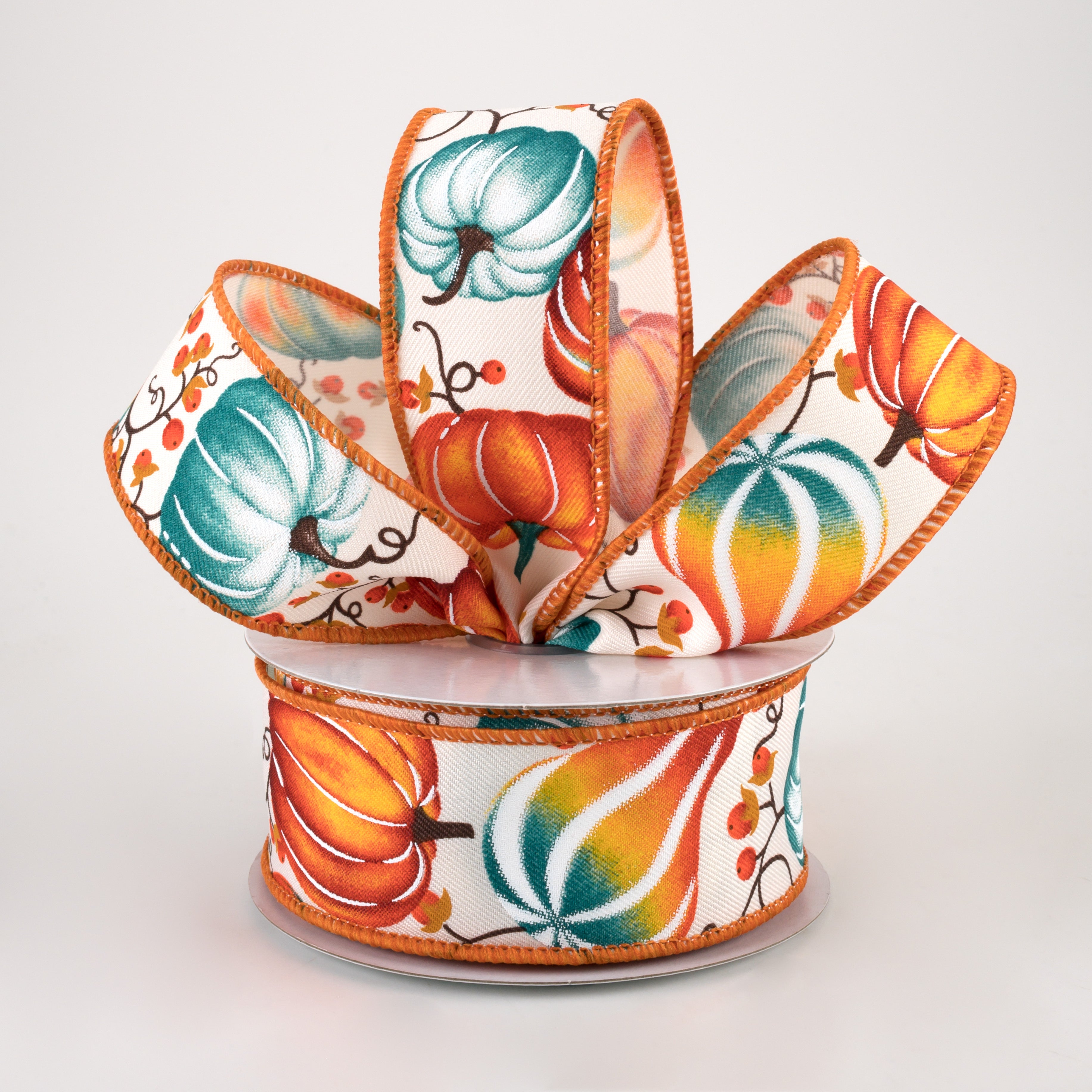 1.5" Pumpkins Bittersweet Ribbon: Ivory, Orange, Teal (10 Yards)
